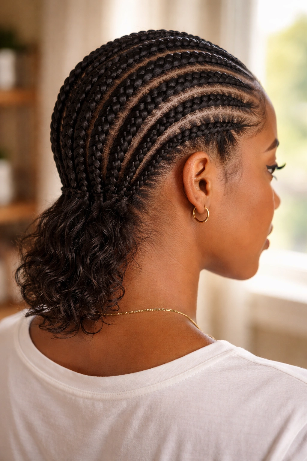 Close-up portrait of a real woman showing cornrows ending before the nape with loose neck hair.
