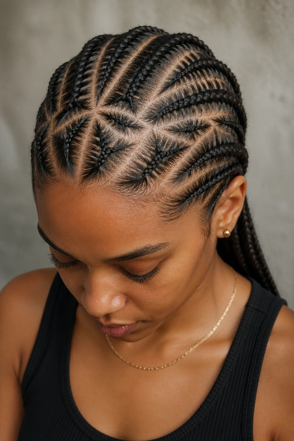 Close-up of small cornrows with scalp gaps forming geometric patterns on a real person's head