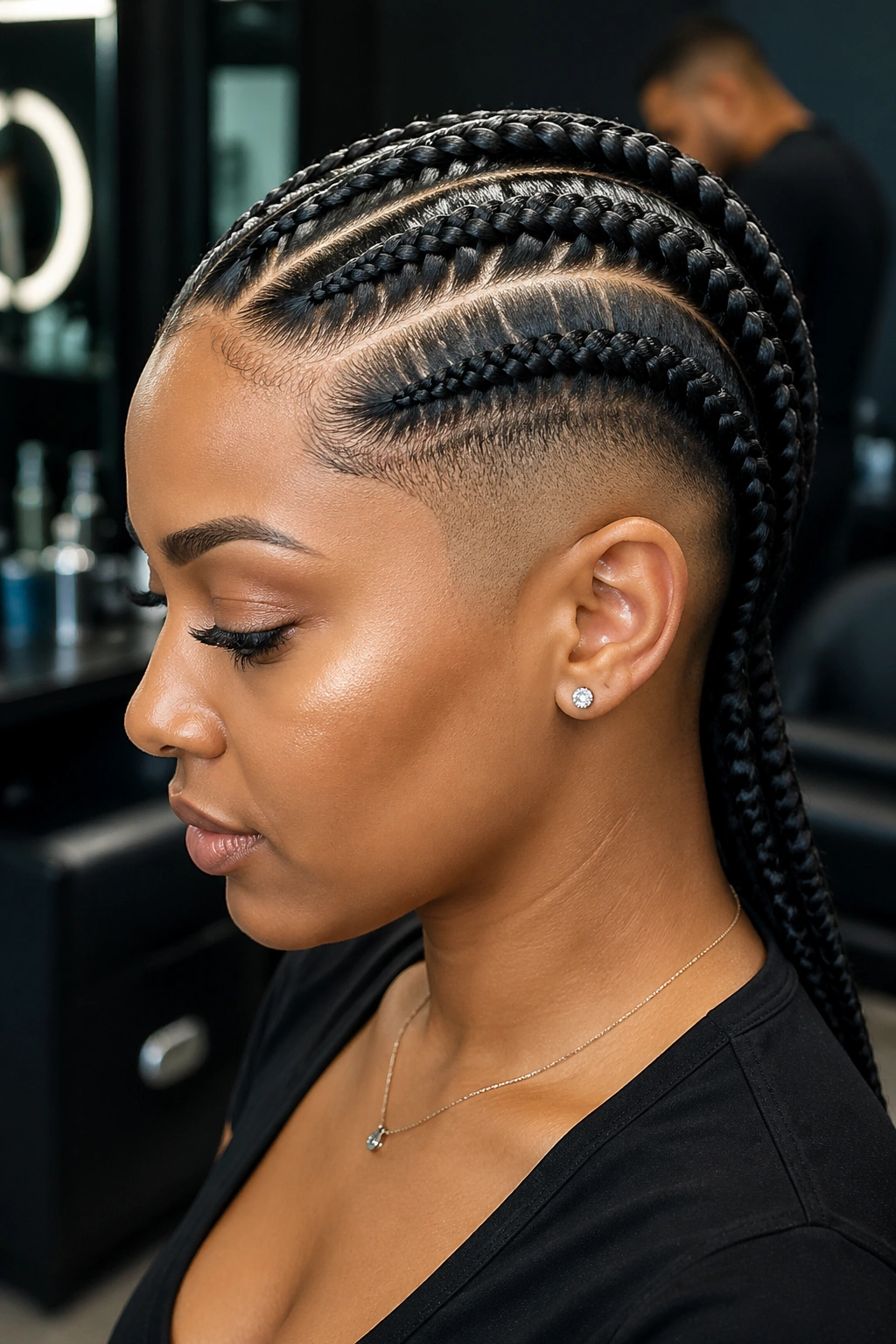 Close-up of big cornrows on top with fade sides.