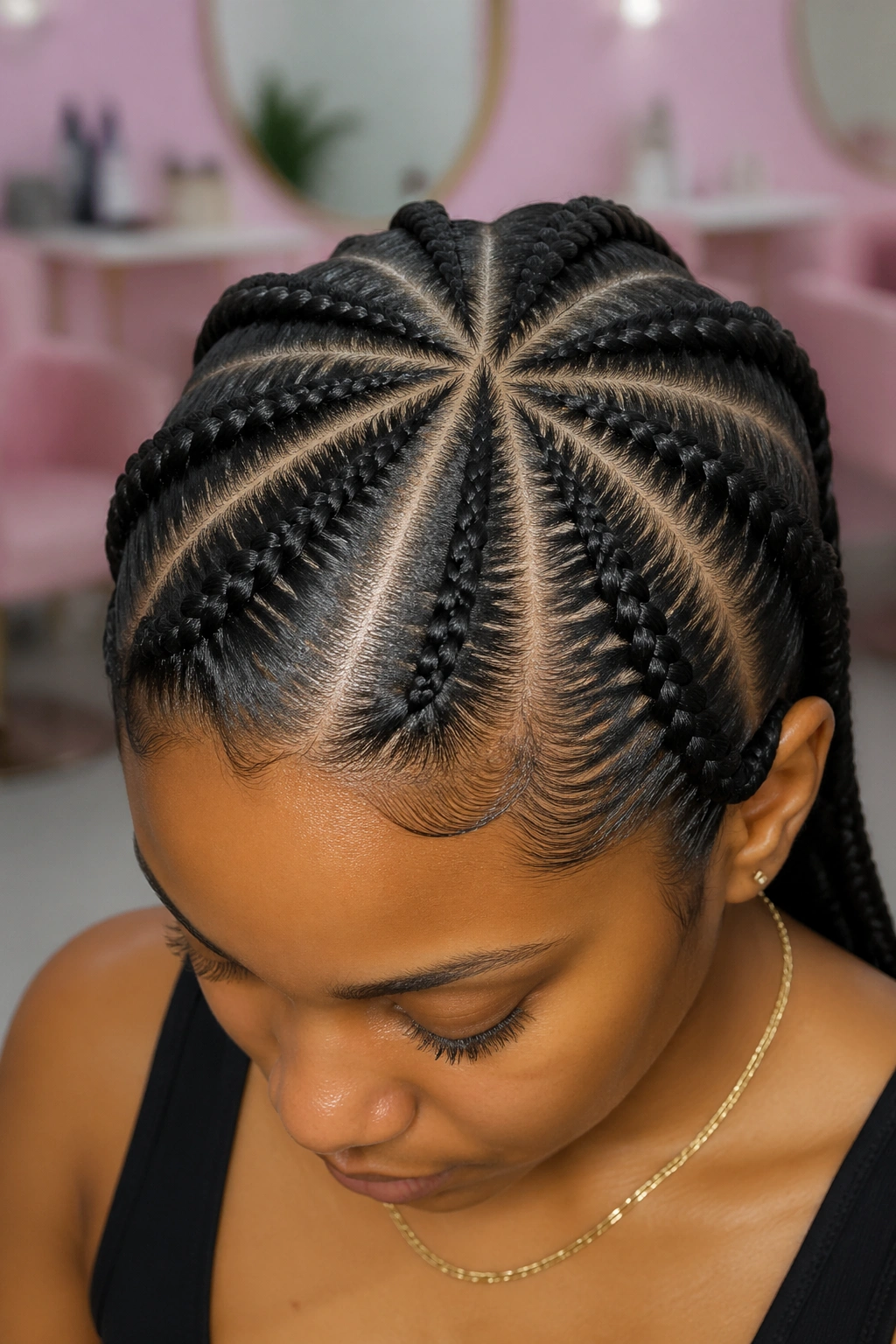 Close-up of seven cornrows fanning from a central top point