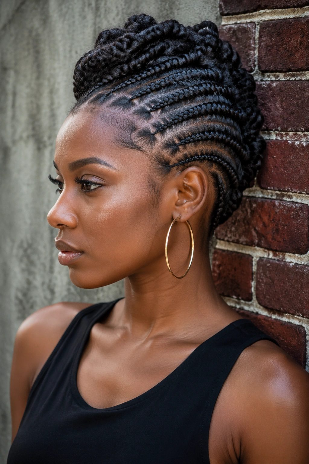 Close-up of a real Black woman with a cornrow faux hawk