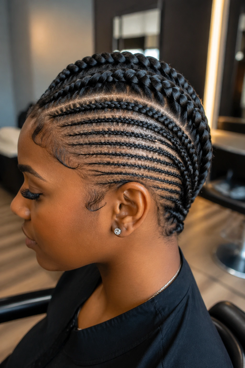 Side portrait showing faux undercut created by tight side cornrows.