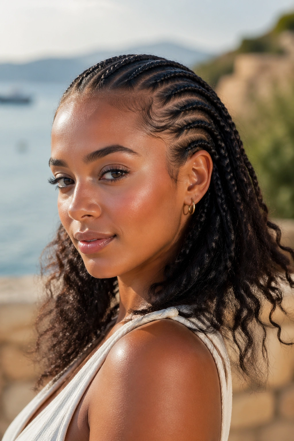 Portrait of cornrows with feathered, fluffy ends