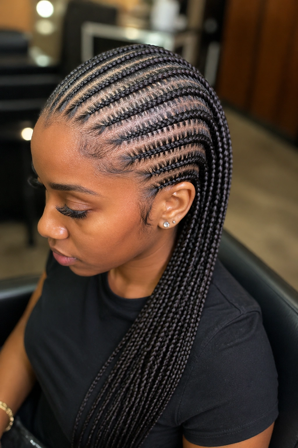 Close-up of small cornrows with feed-in hair along the scalp on a real person.