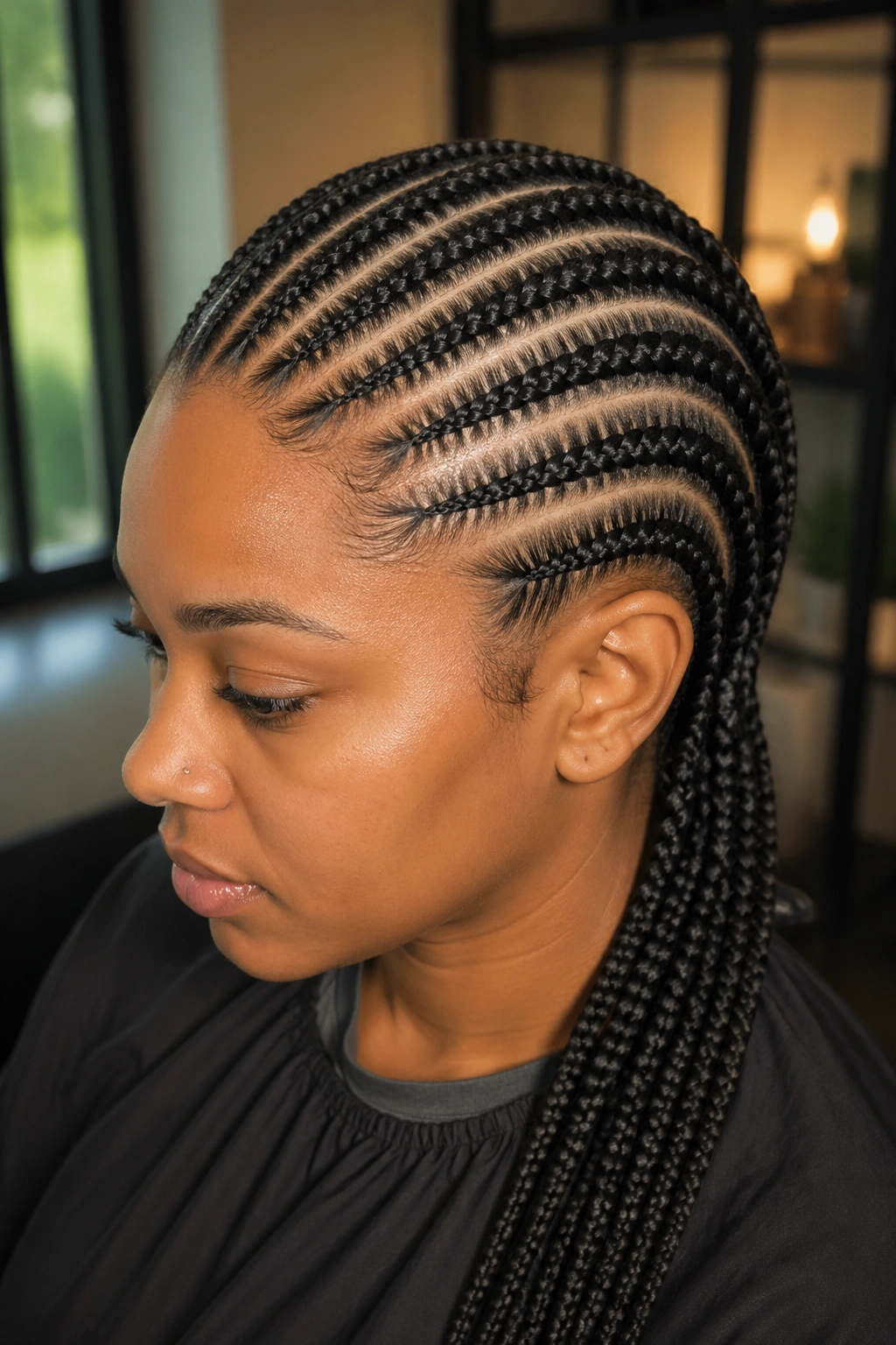 Close-up of a real woman with eight straight-back cornrows and light feed-in extensions