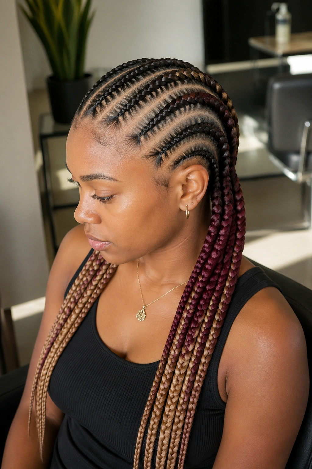 Eight cornrows with color feed-ins on a real person