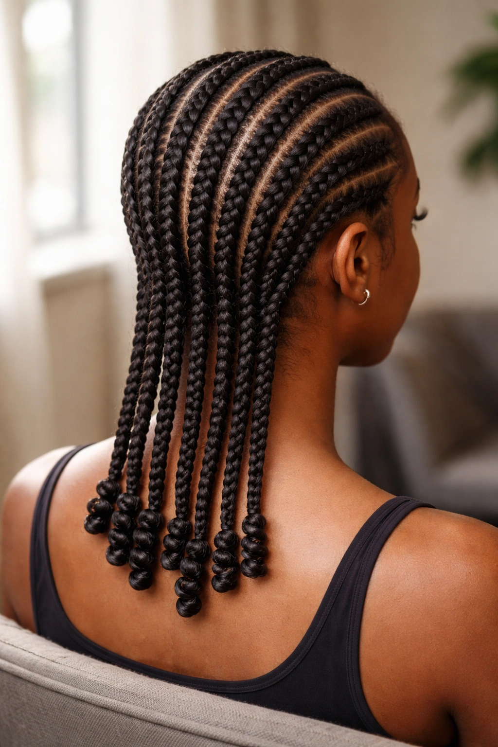 Close-up of straight-back cornrows ending in finger coils.