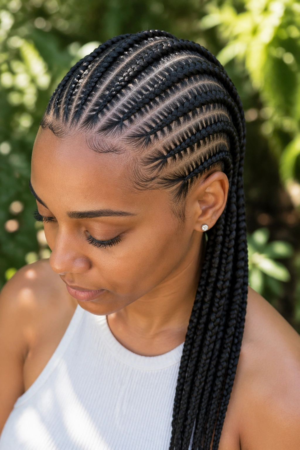 Eight braids with fish scale detail at the hairline