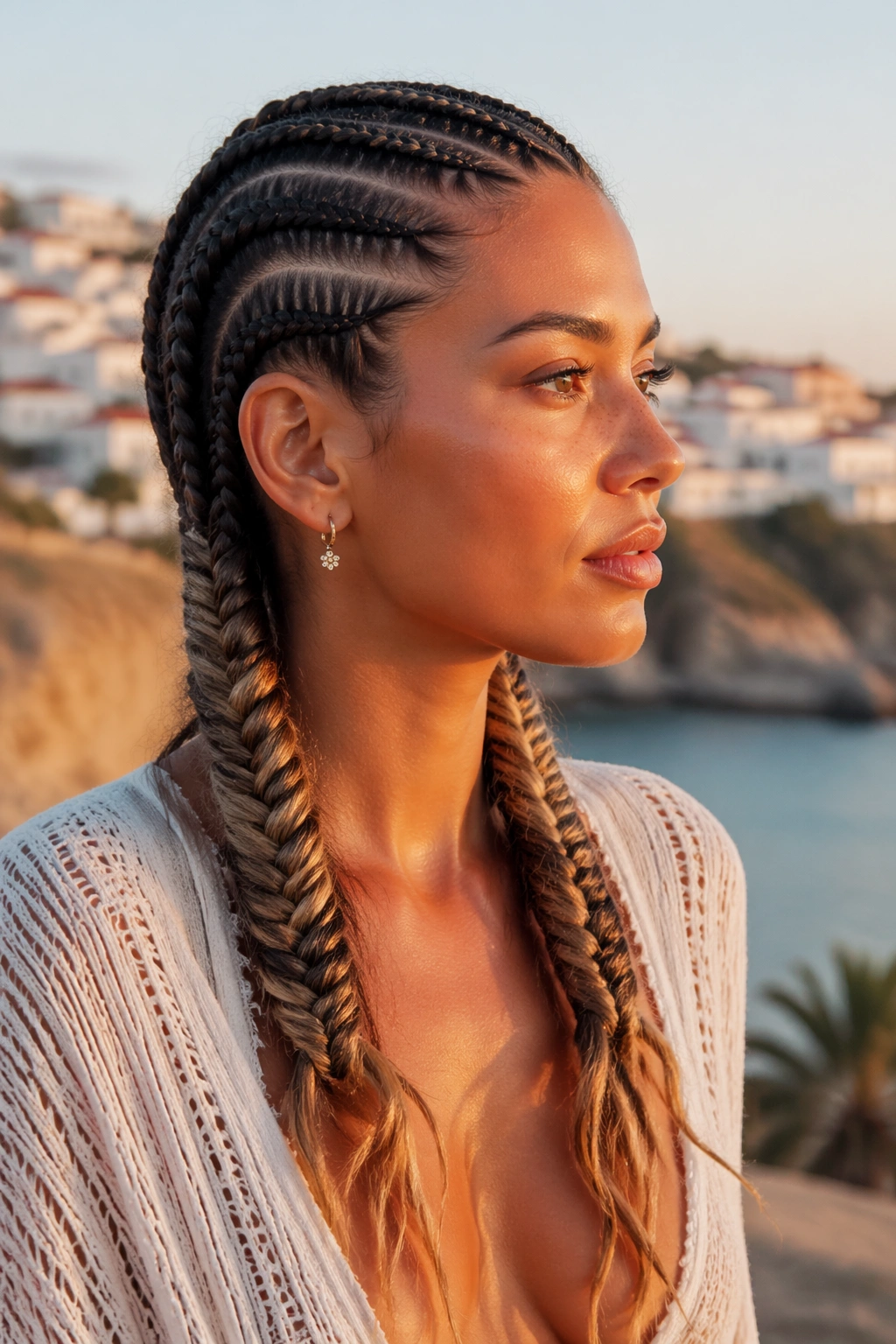 Close-up of cornrows transitioning into a fishtail braid outdoors by the coast