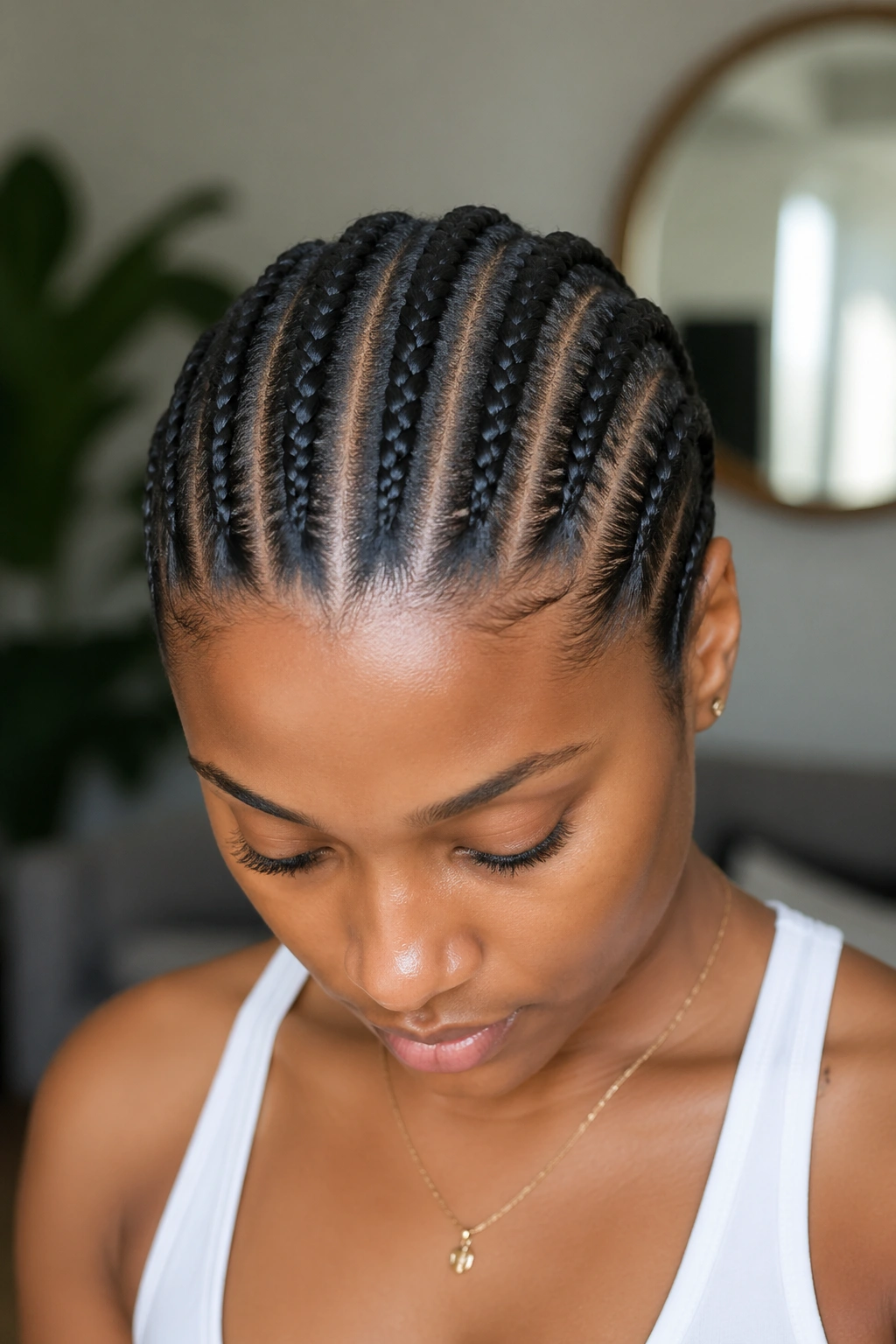Close-up of five even cornrows with a center part on a real person.