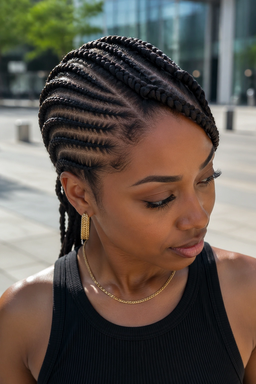 Close-up of a real woman with cornrows and front flat twists