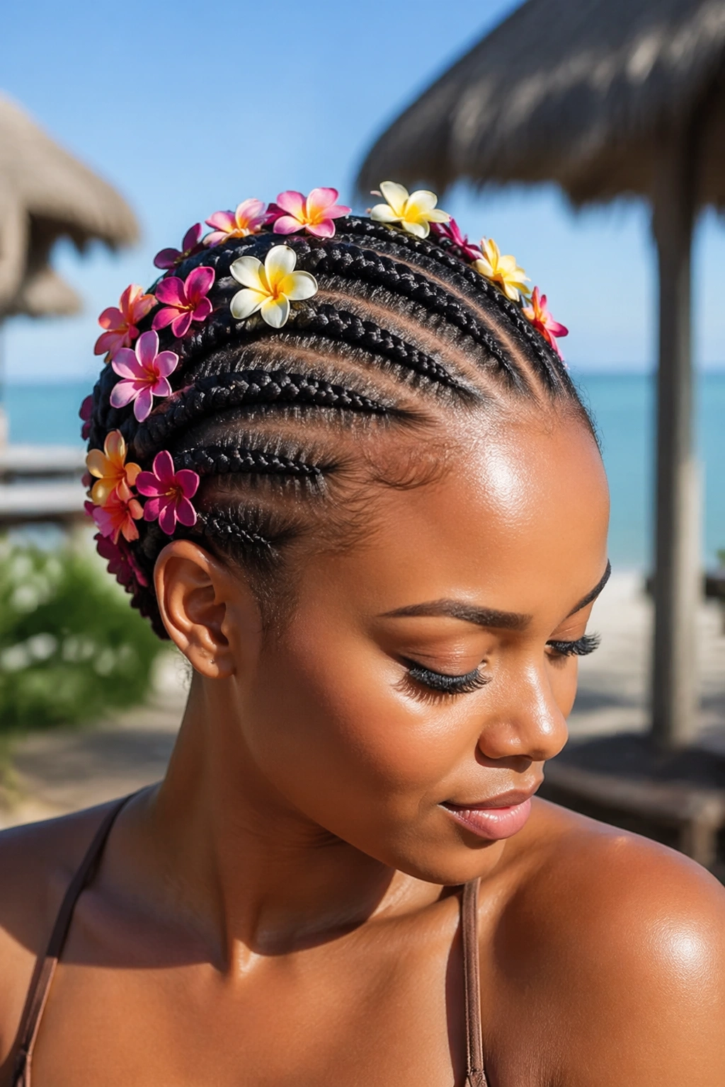 Close-up of cornrows with fresh flowers tucked between rows on a real person at a tropical resort
