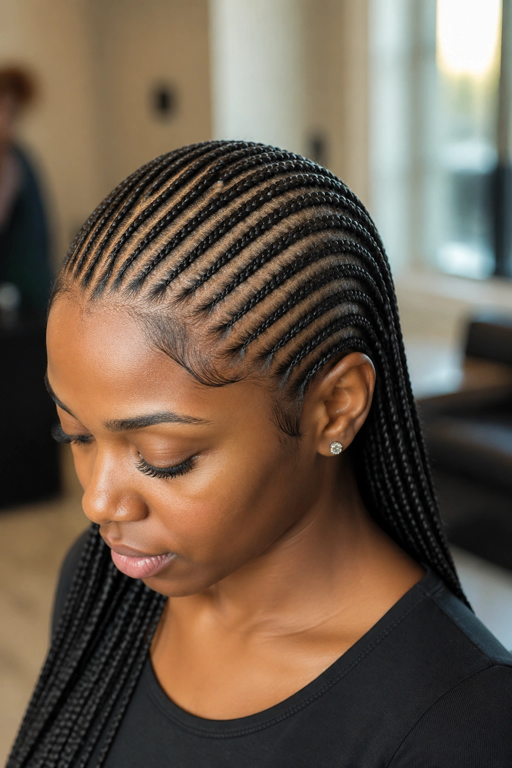 Close-up of fourteen thin straight-back cornrows on a real person in a salon.
