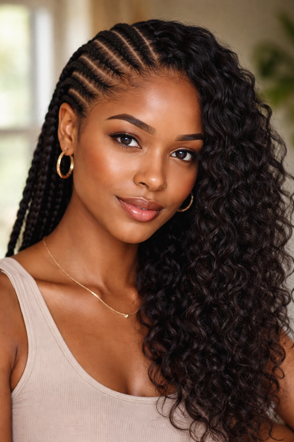 Portrait showing cornrows with a free period hairstyle on the other side