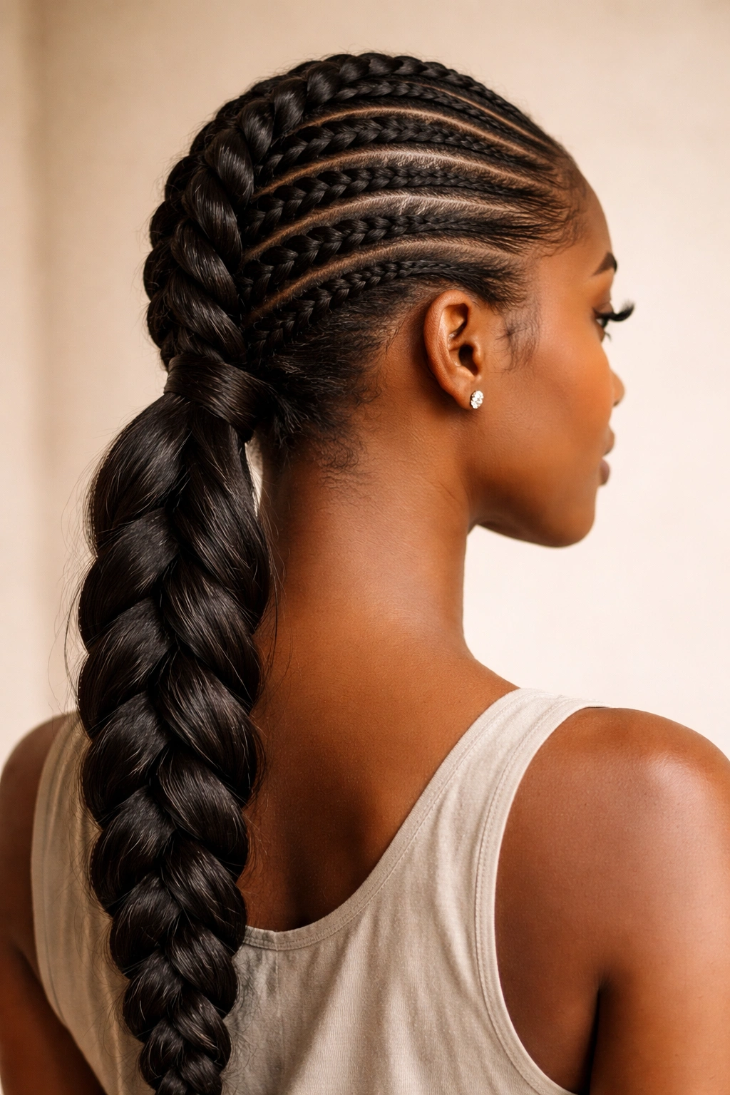Close-up of cornrows transitioning into a French braid on a Black woman's head