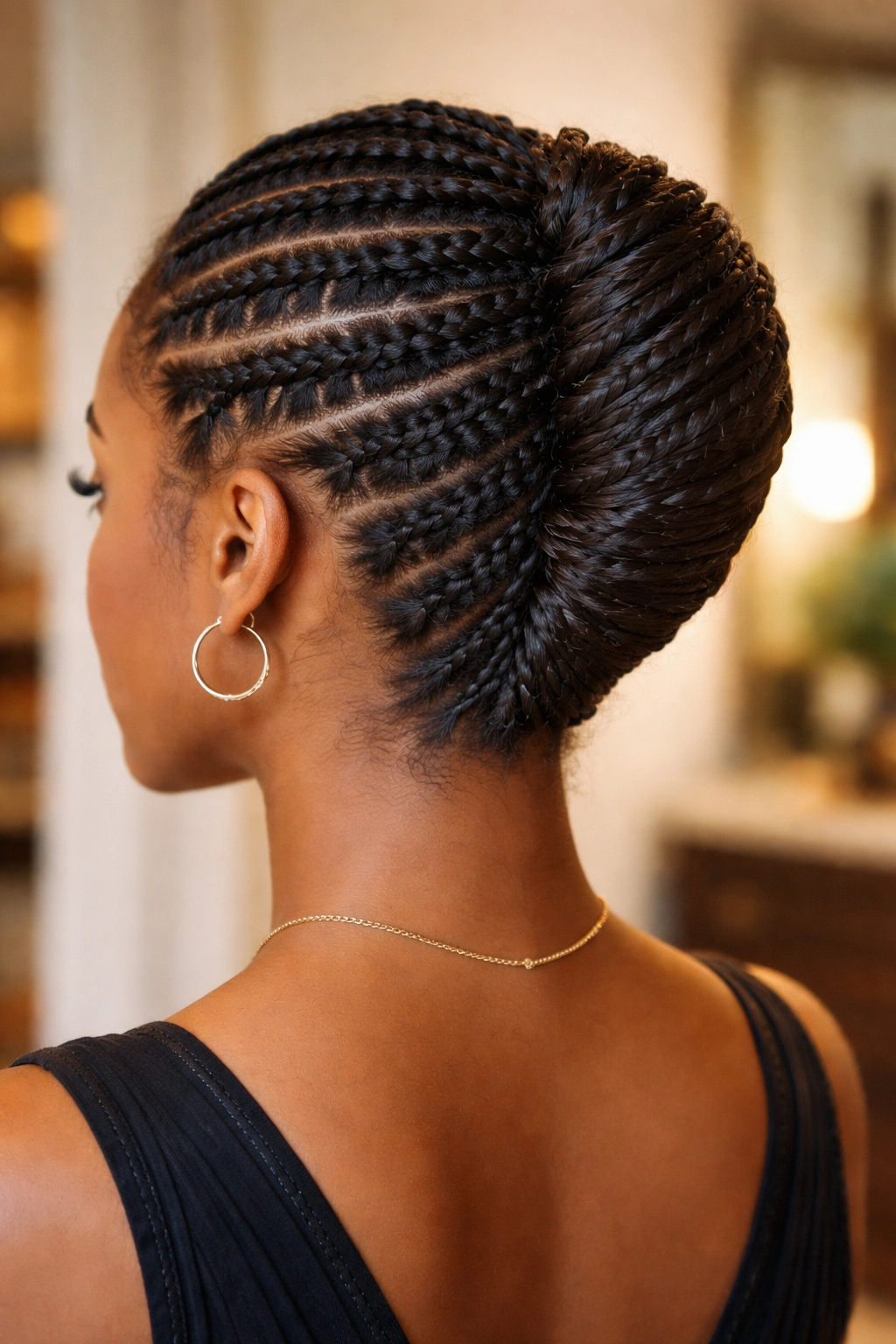 Real woman with cornrow French twist at the back.