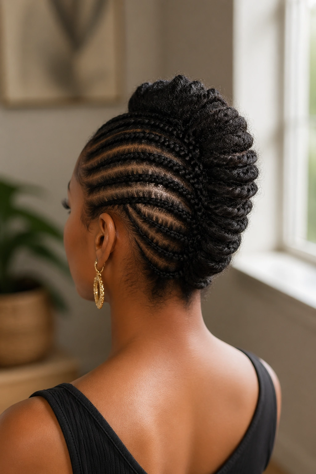 Three-quarter rear view of a Black woman with cornrows twisted into a vertical French twist