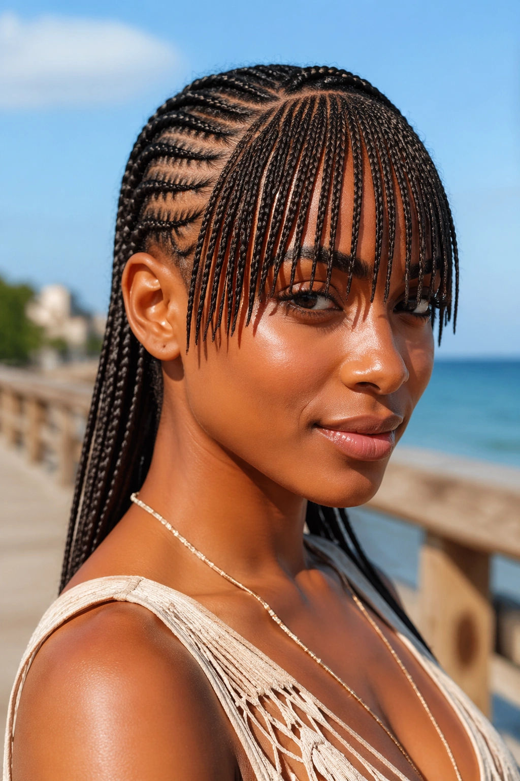 Close-up of fringe bangs over cornrows on a sunny boardwalk
