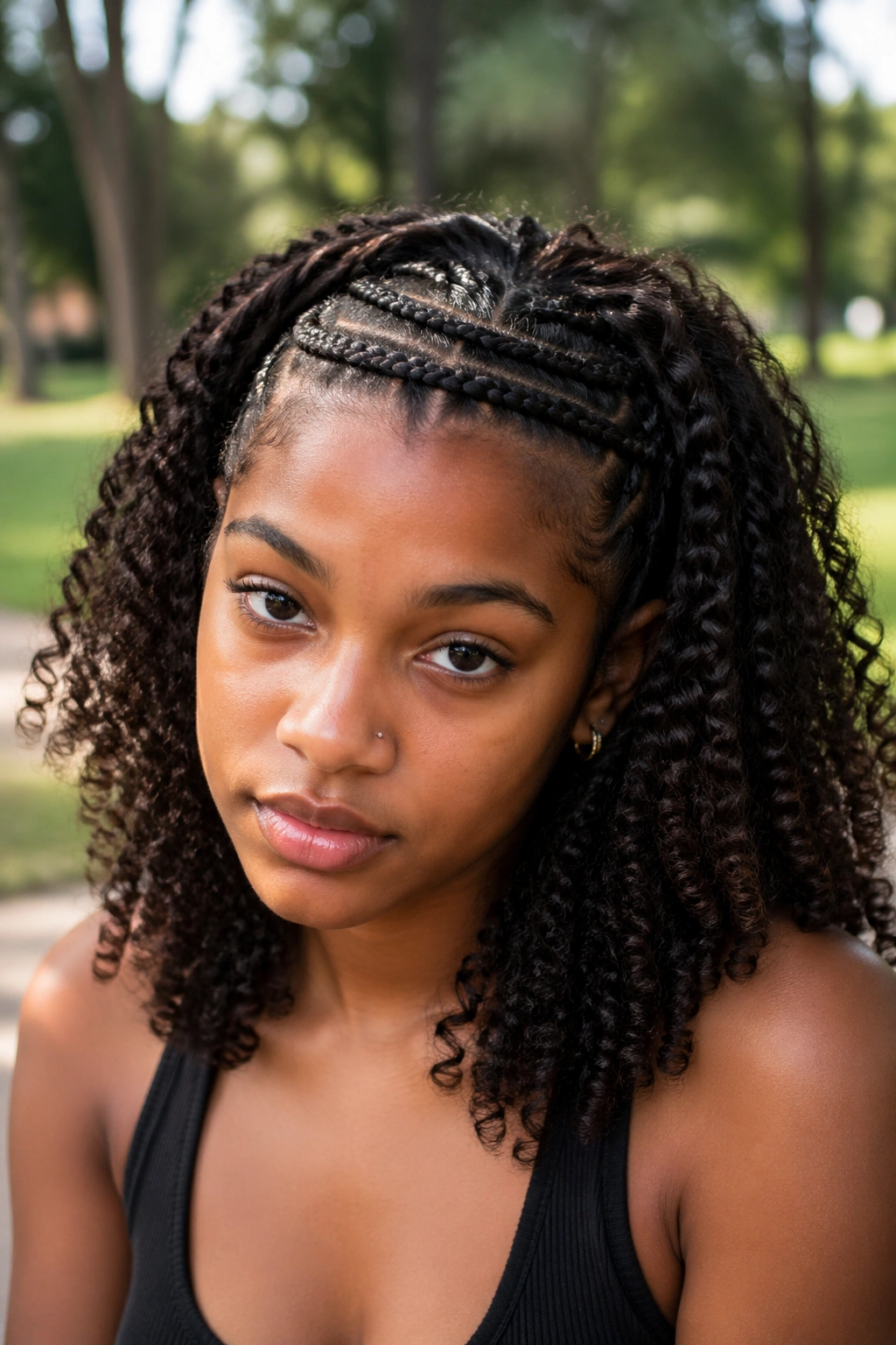 Close-up of cornrow fringe across forehead with curly body