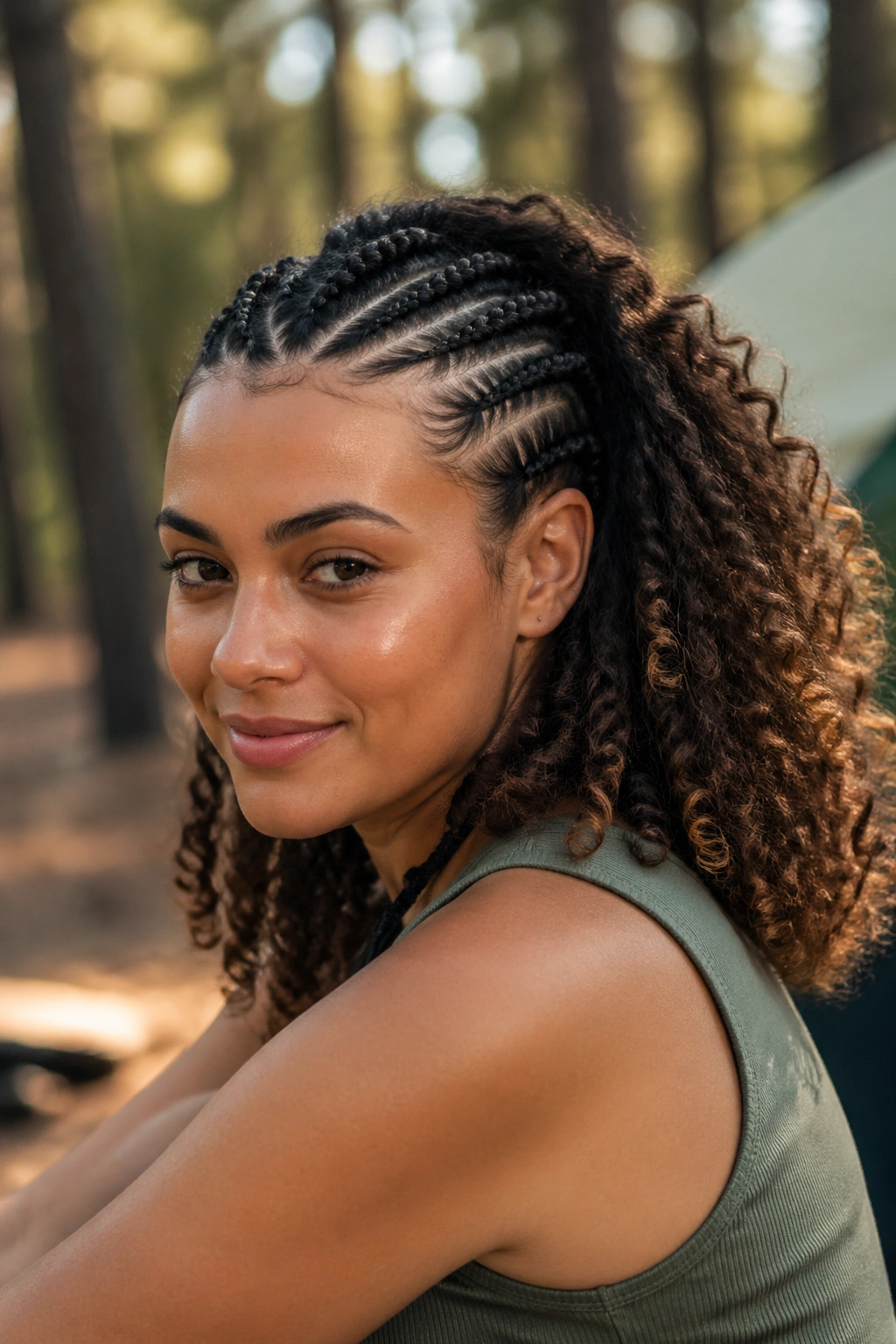Real person with front cornrows and loose back curls at campsite.