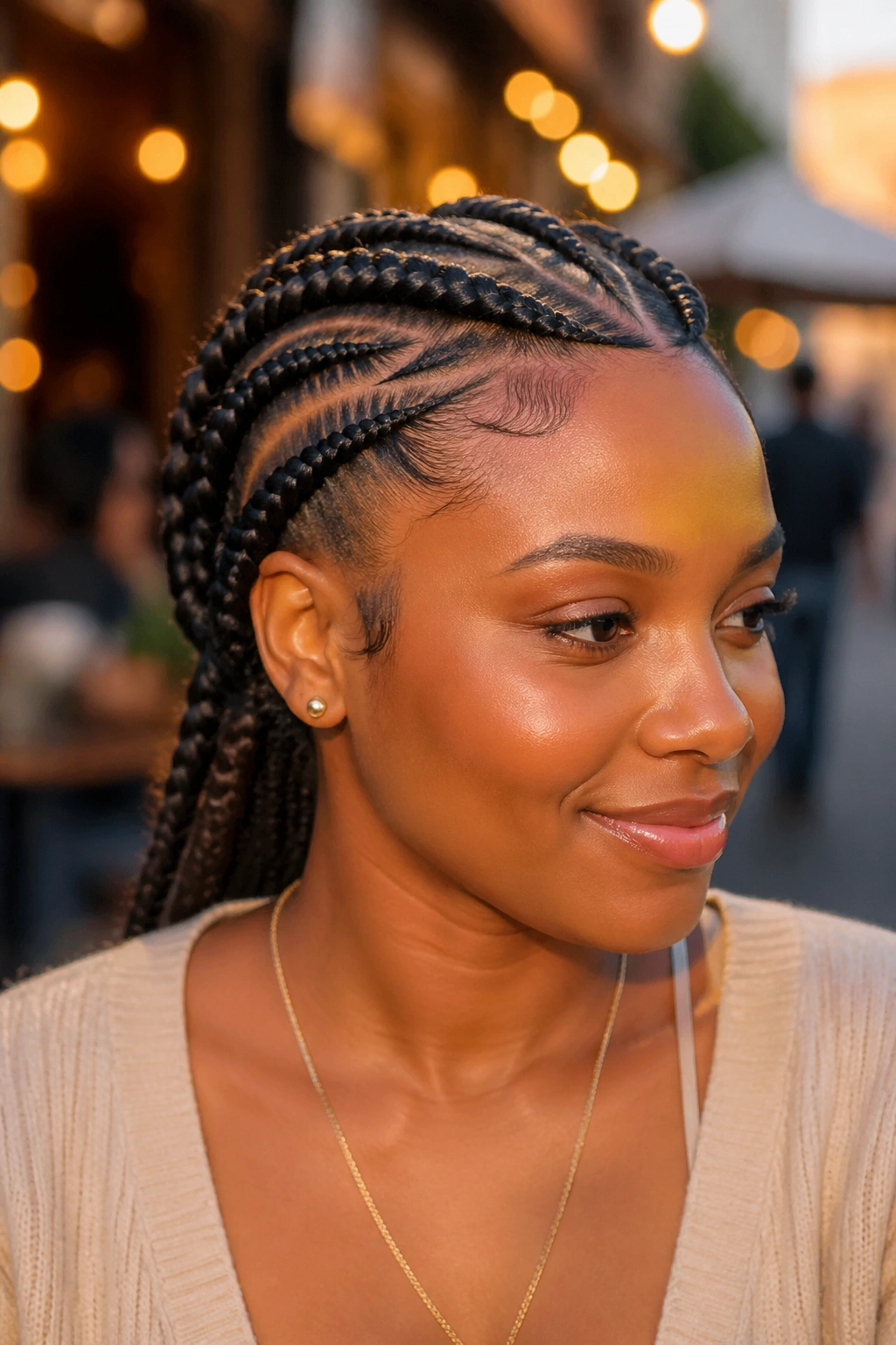 Close-up of a real woman with cornrows behind and front twist detail at hairline