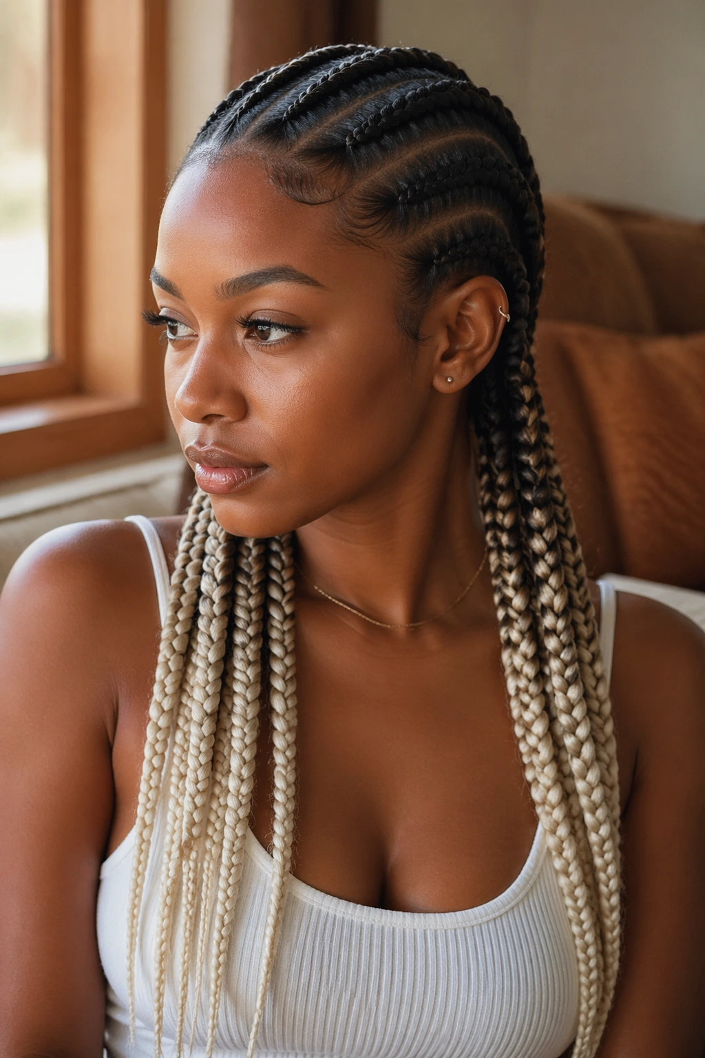 Close-up of a real person with frost-tip blonde cornrows from dark roots to icy tips