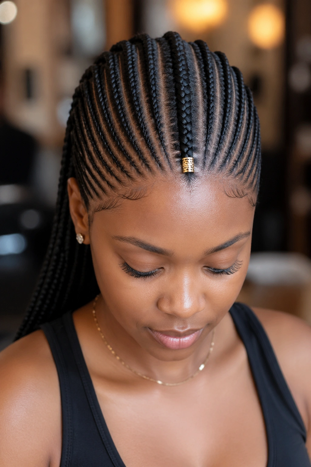 Close-up of a real woman with Fulani-inspired cornrows and a center accent braid with a bead