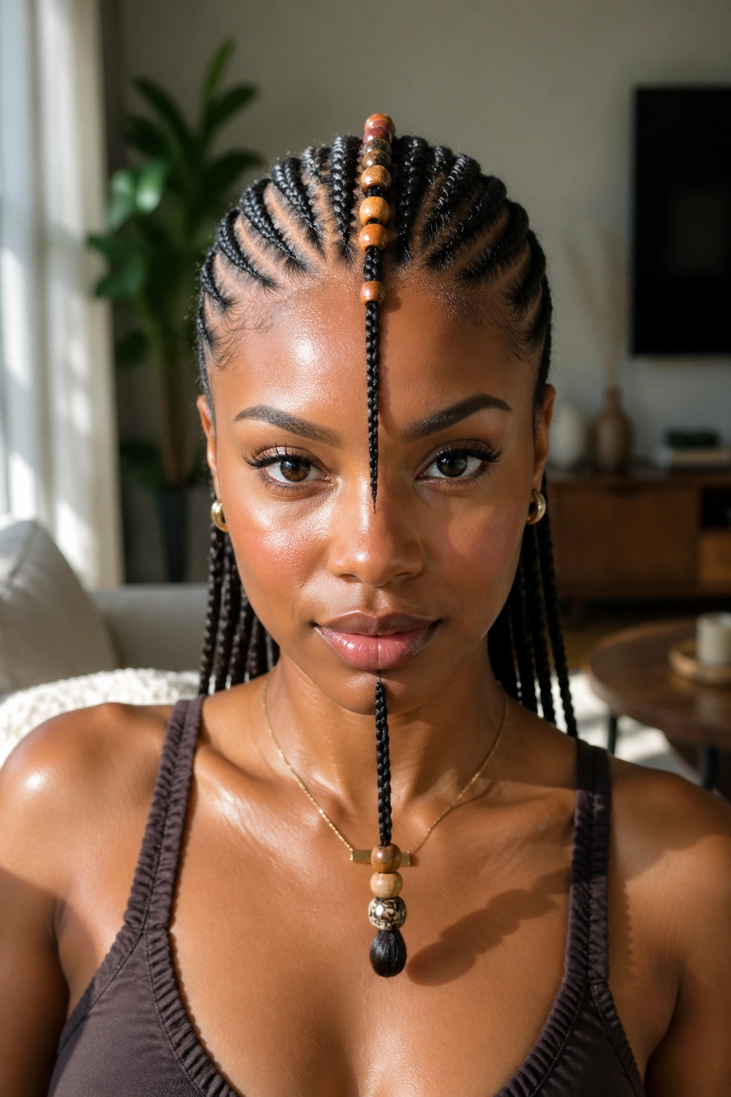 Close-up of a real woman's Fulani-inspired center braid with beads along the center