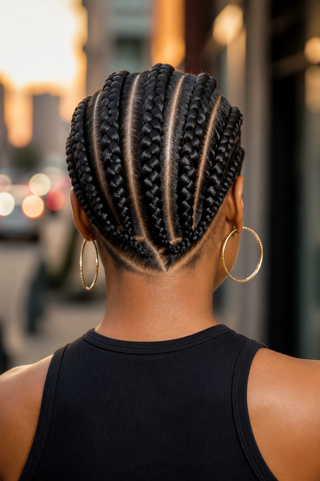 Back-of-head portrait of six big cornrows with a geometric nape parting.