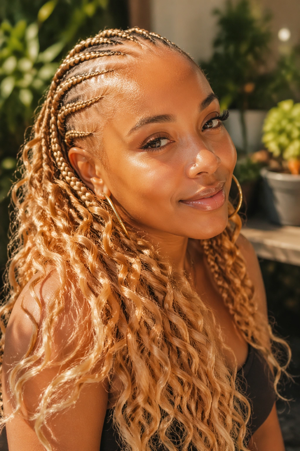 Close-up of a real person with ginger blonde goddess cornrows and curly ends