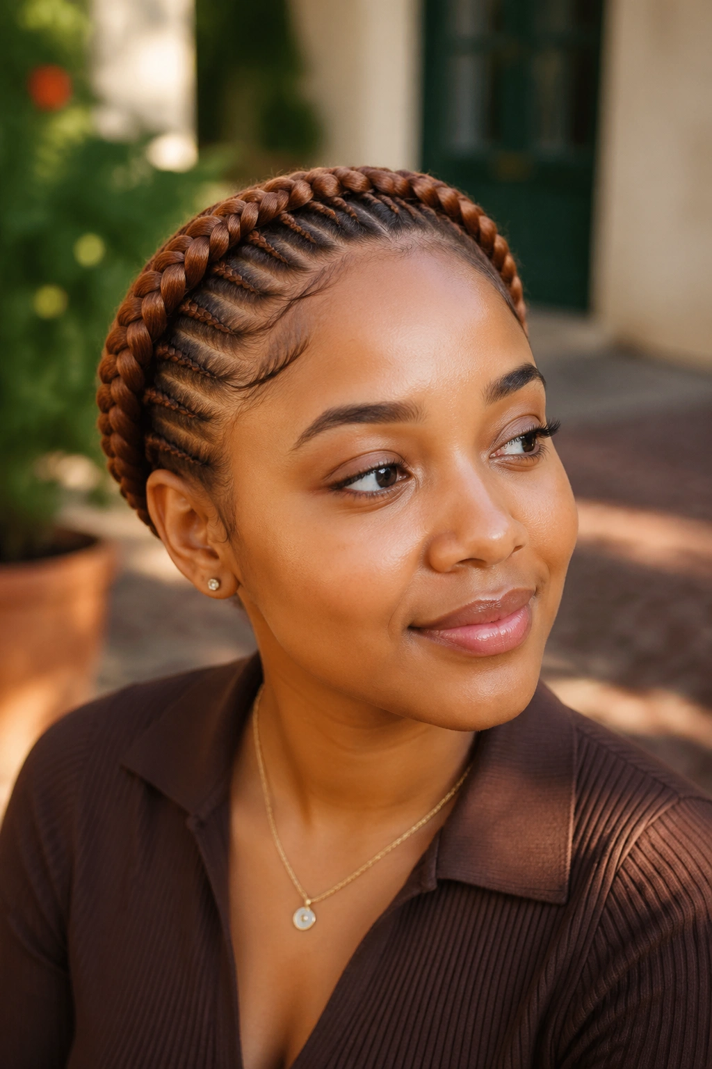 Portrait of person wearing a gingerbread halo cornrow crown.