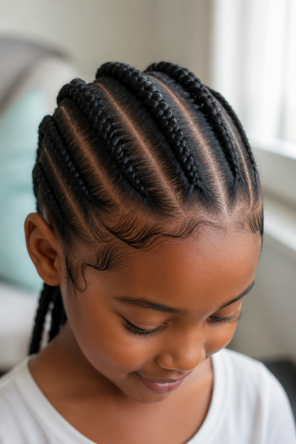 Close-up of a girl with three large cornrows across her head