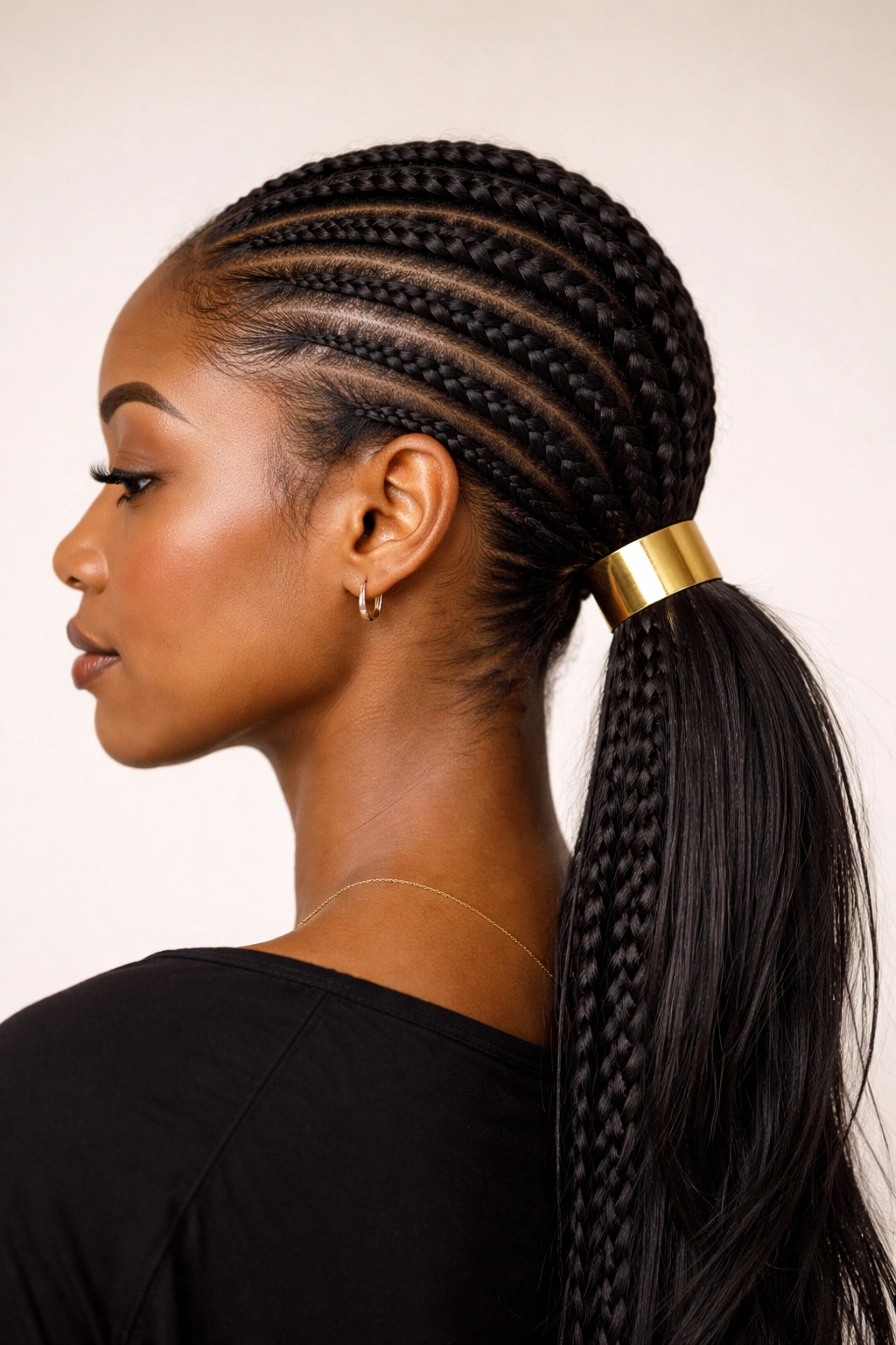 Low cornrow ponytail with a gold cuff at the base