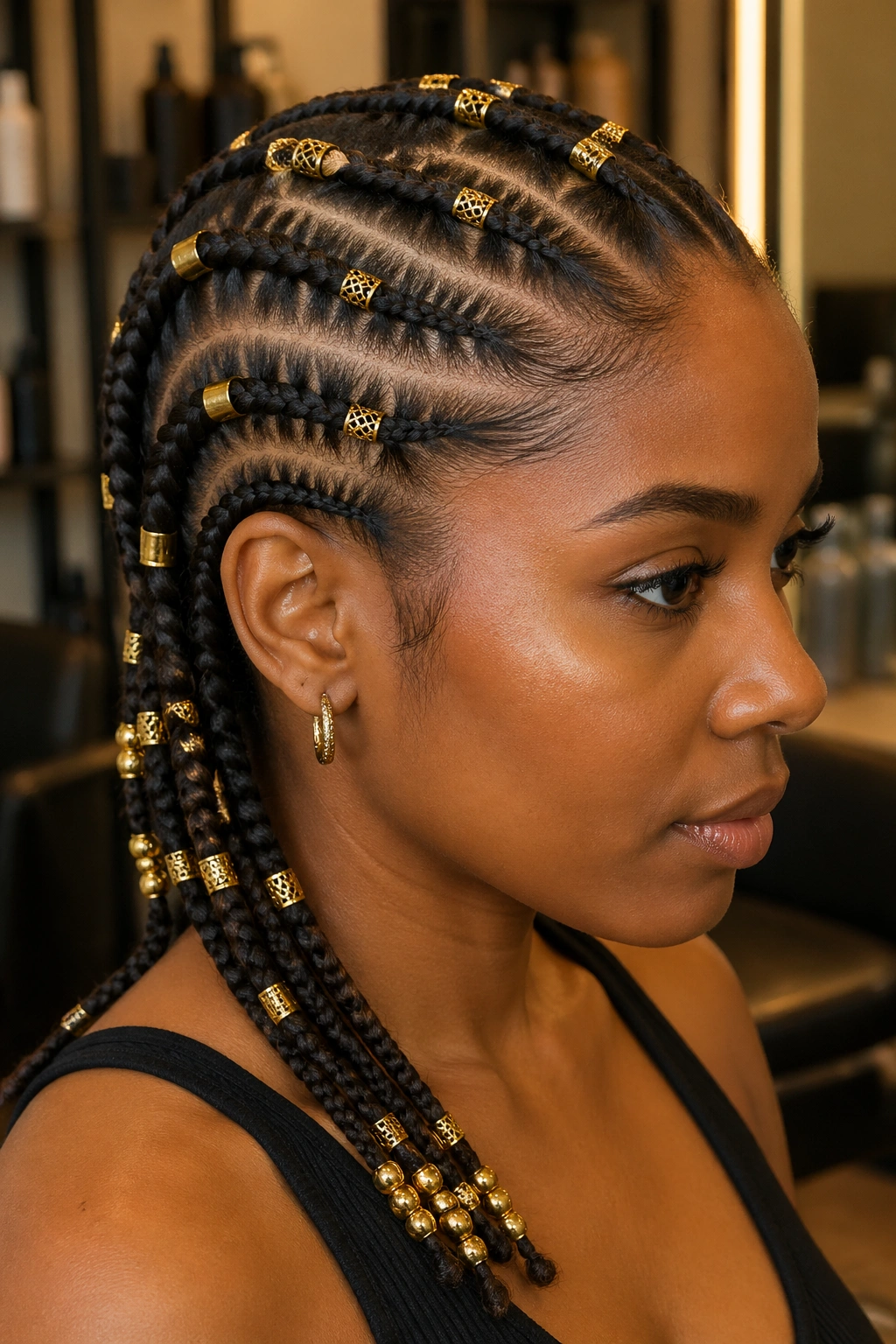 Close-up of cornrows adorned with gold cuffs and beads on a real woman