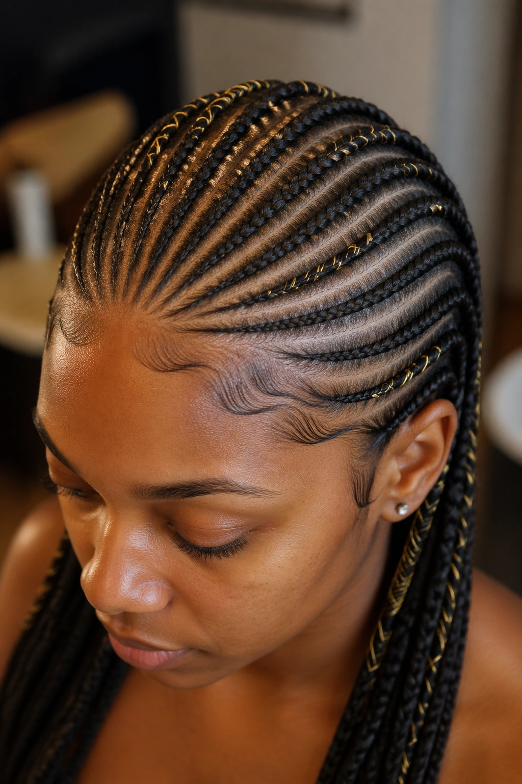Close-up of cornrows with decorative gold thread woven into select braids