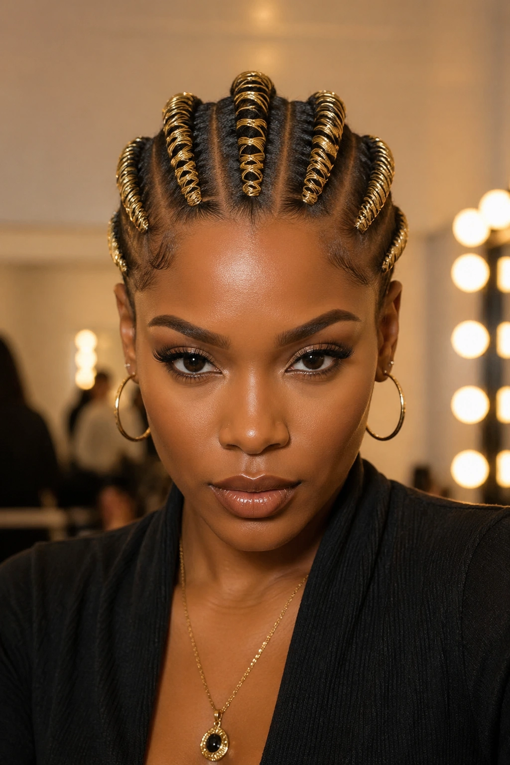 Five cornrows wrapped in gold thread on real person
