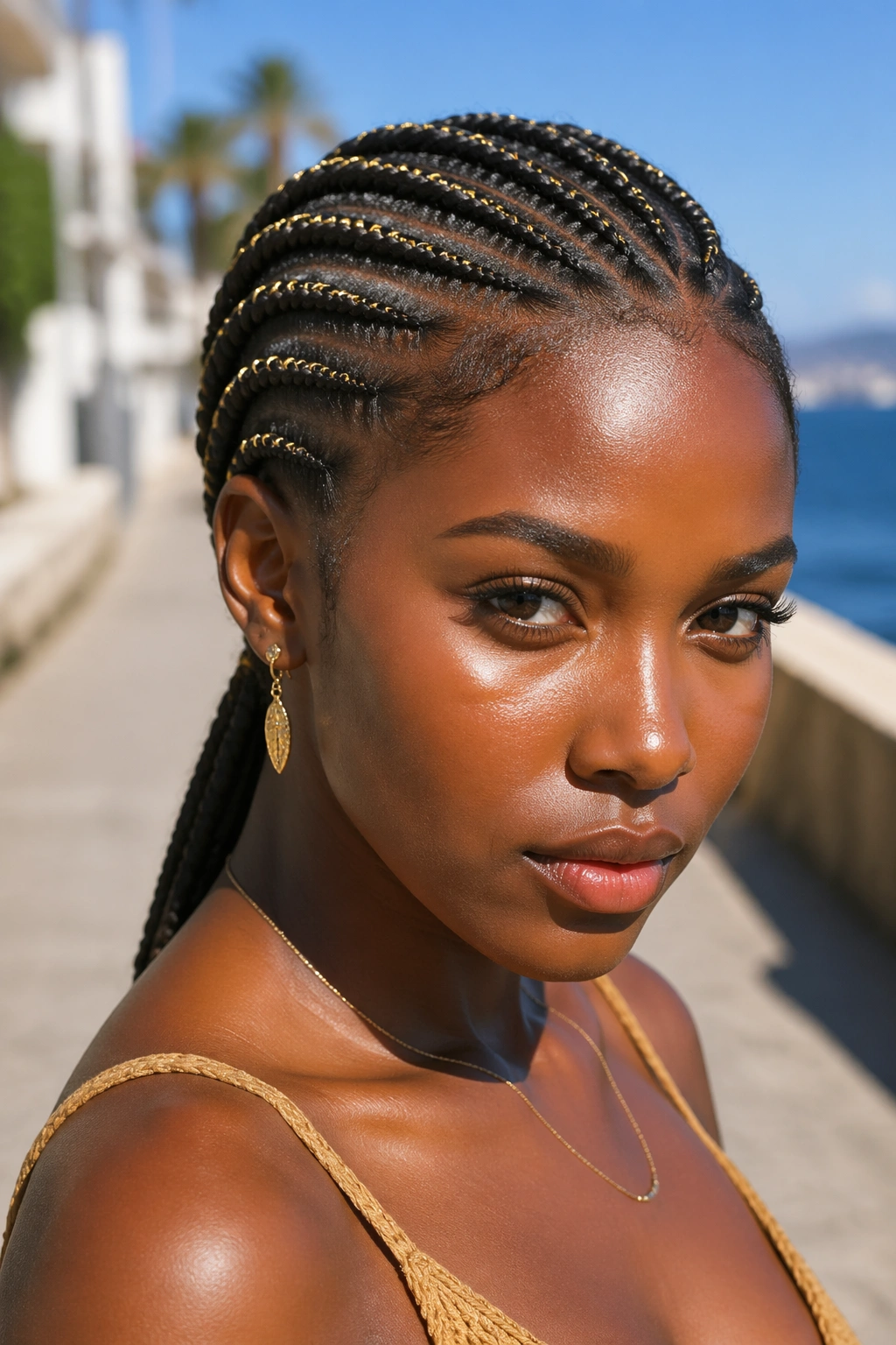 Close-up of a real woman with cornrows woven with gold thread