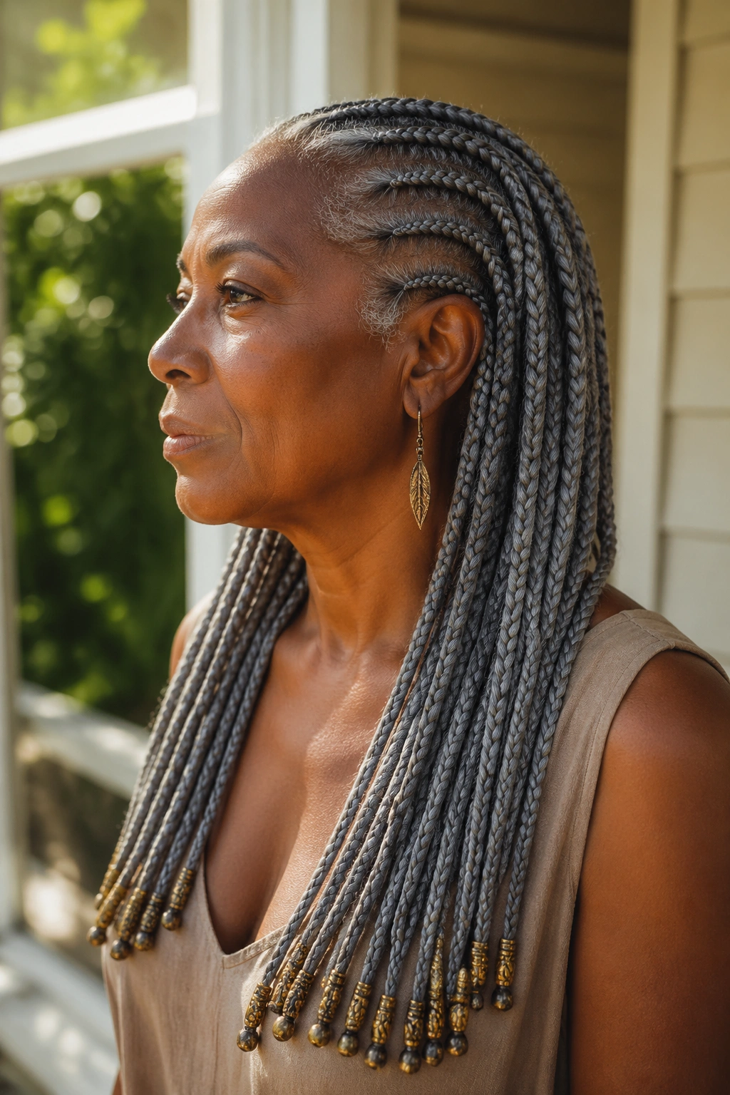 Close-up of a real woman with long gray cornrows ending in brass and wooden beads
