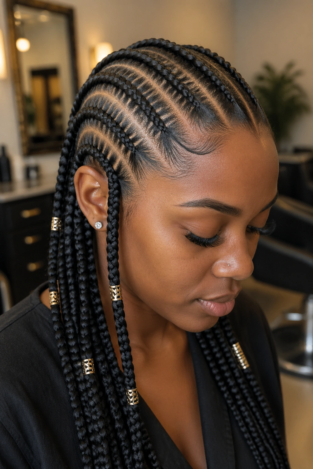 Real woman's head with eight cornrows and metallic hair cuffs