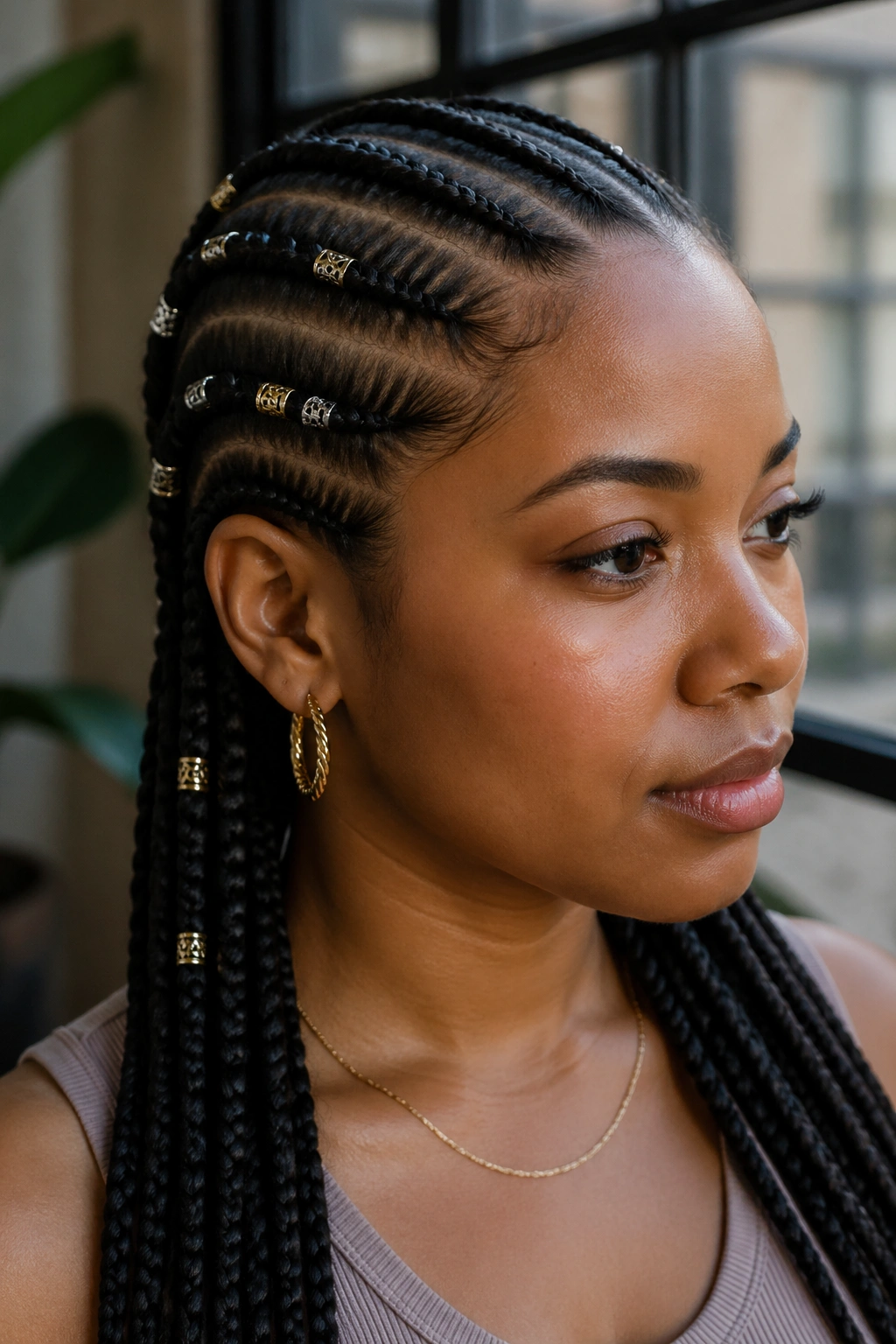 Real person with straight-back cornrows decorated with hair cuffs.