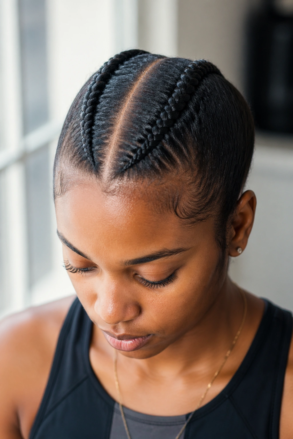Close-up of a real woman with two back-going cornrows