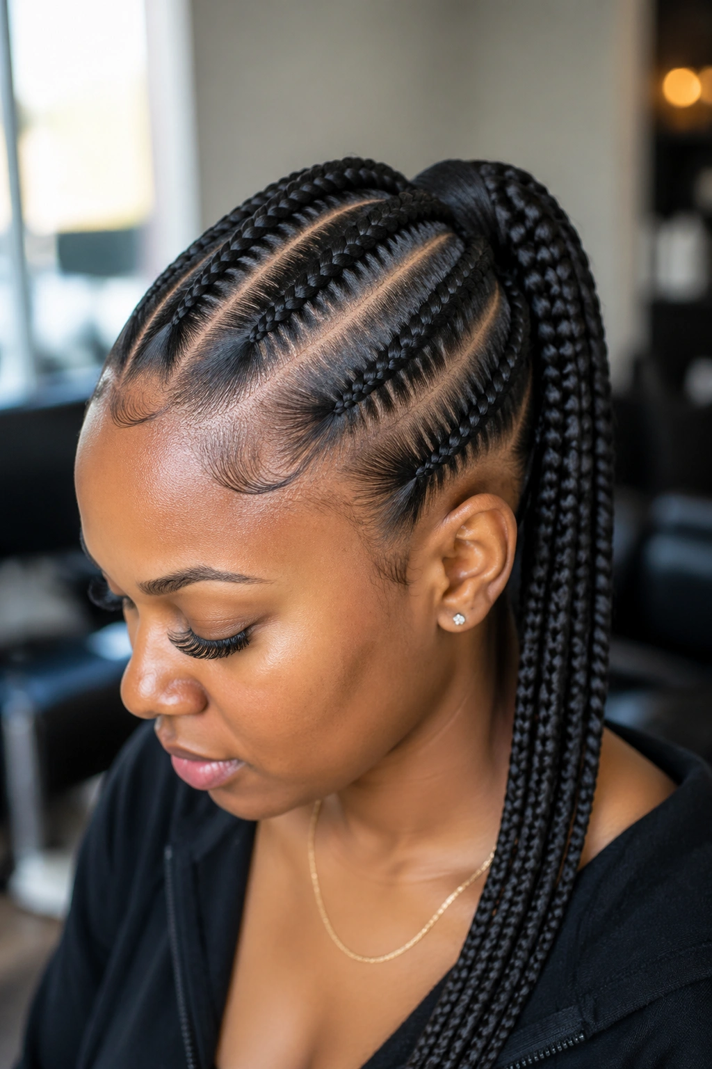 Close-up of a real woman's five cornrows with two stopped at crown and three into a ponytail