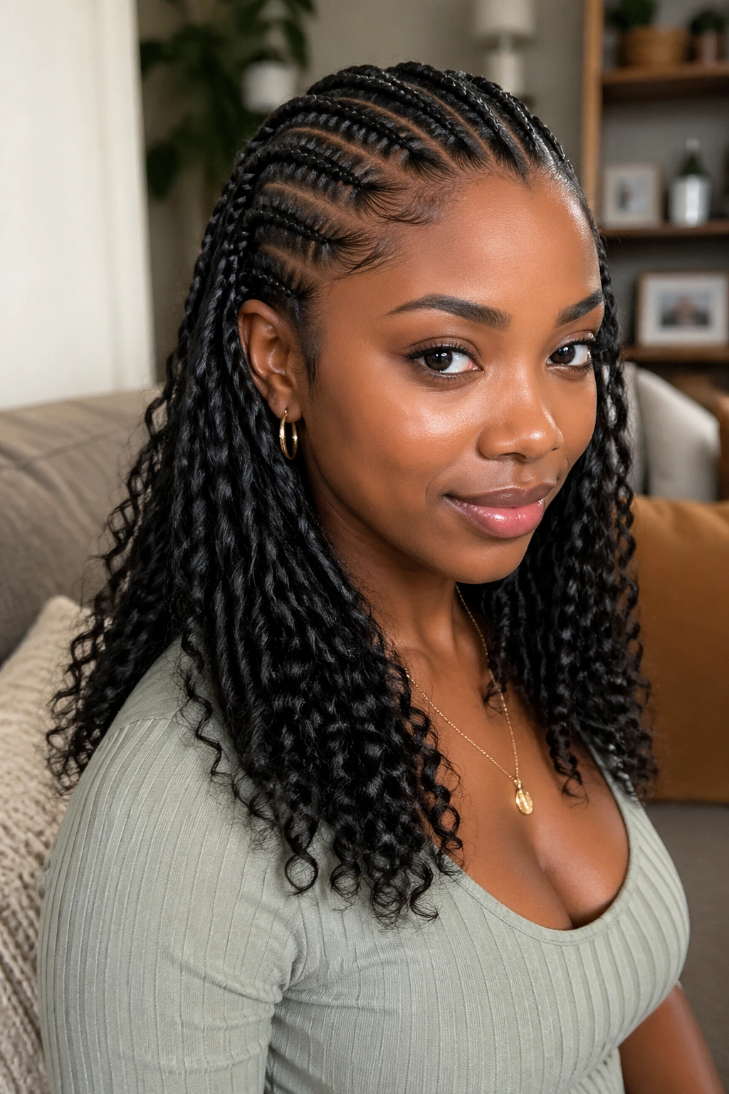 Close-up of a real woman with shoulder-length cornrows and half curls.
