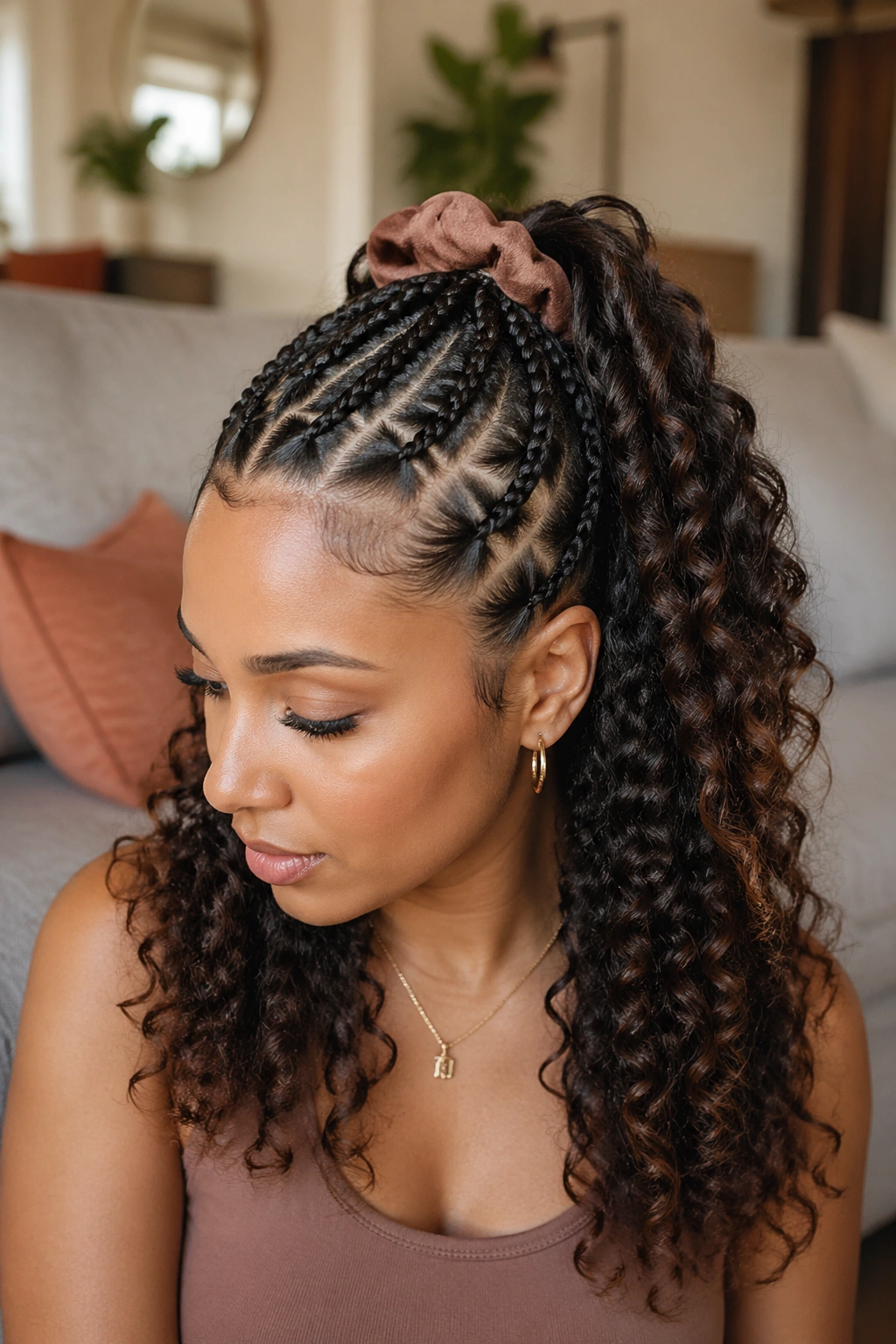Close-up of cornrows pulling into half-ponytail with curls
