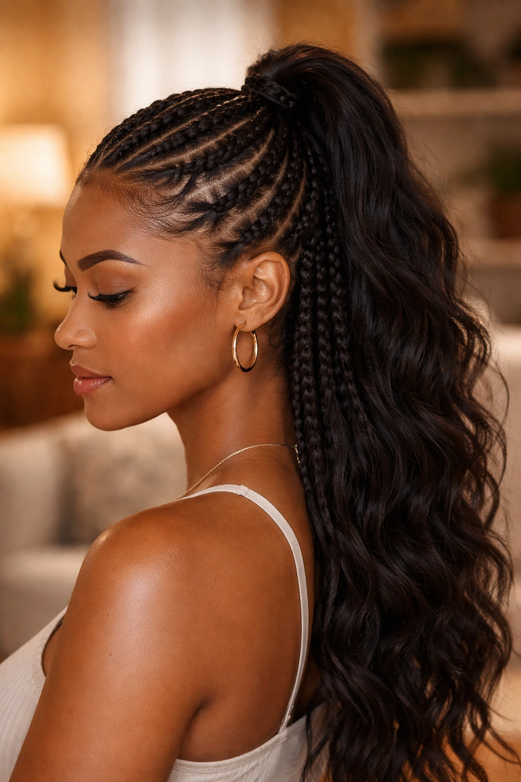 Close-up of cornrows ending in a half ponytail on a real person