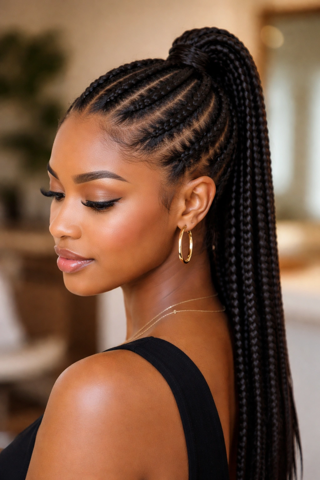Close-up of a real person with six straight-back cornrows in a half-up style