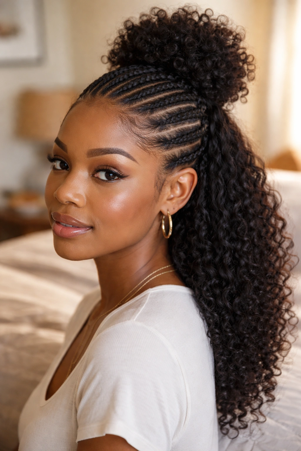 Close-up portrait of a real person with six cornrows and a half-up crown puff