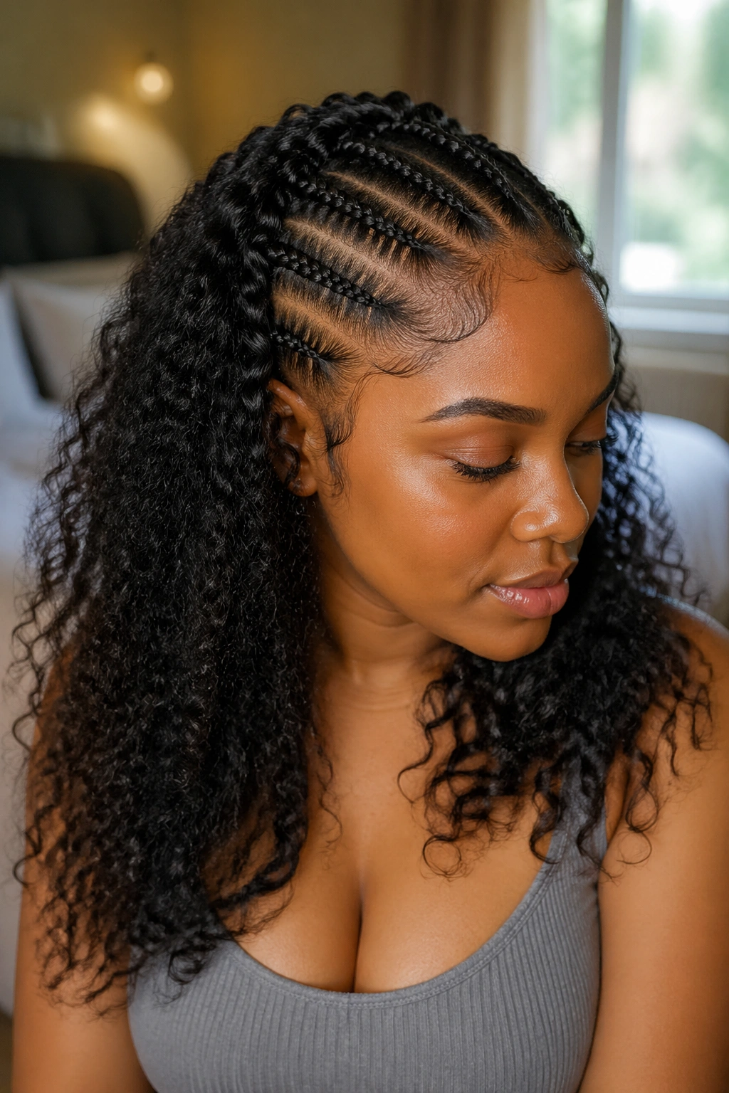 Close-up of a woman with halfback cornrows and loose natural hair