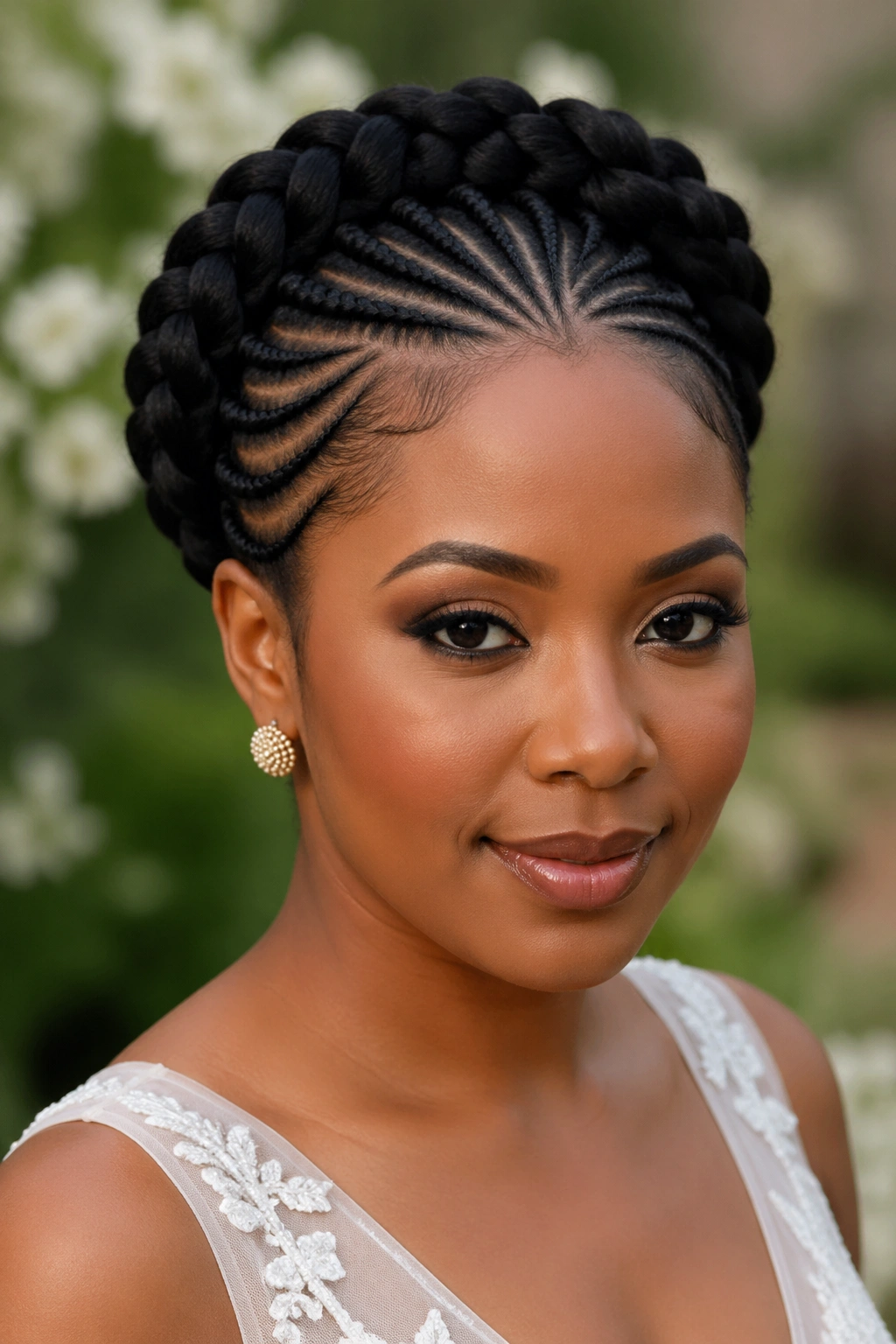 Close-up of a real Black woman with a halo cornrow crown