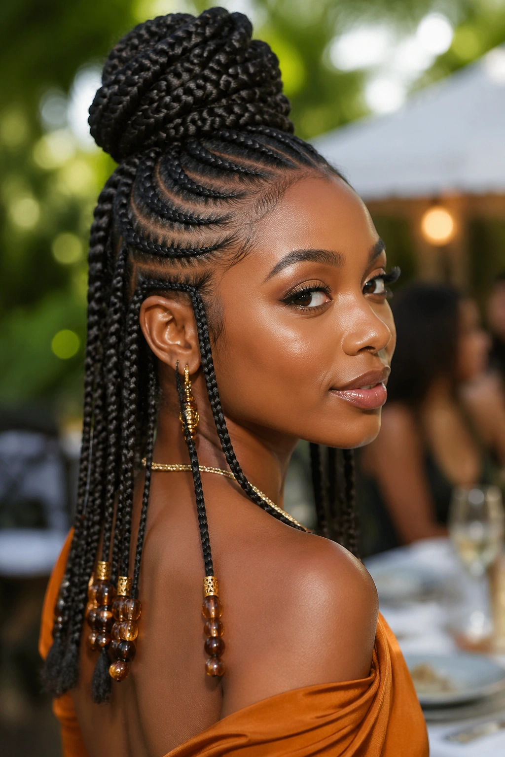 Close-up of a Black woman with an updo and hanging braids